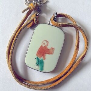 Peyote Bird Vintage ceramic and sterling silver Pendant Necklace Asian themed